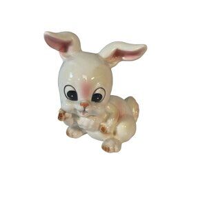 Vintage Ceramic BUNNY RABBIT Quan Quan QQ Marked White Pink Figurine JAPAN